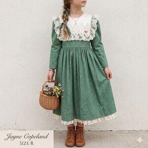 VTG 90s Jayne Copeland Green Floral Damask Dress Size 8 Eyelet Lace Cottagecore